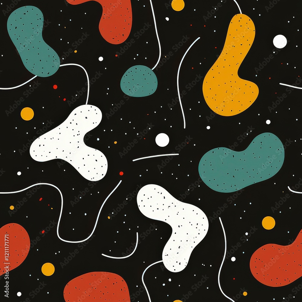 Poster abstract colorful shapes on dark background with playful dots and lines creating a modern design aes