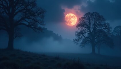 Fototapeta premium Mysterious fog rolling in under the light of a full moon, atmospheric, full moon, supernatural