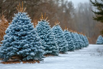 Snow Covered Blue Spruce Trees In A Row
