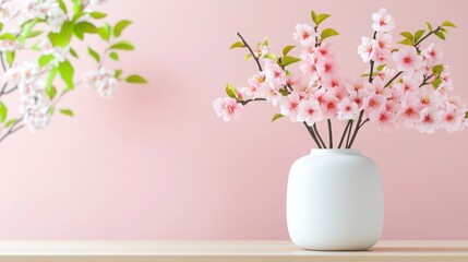 Naklejka premium Minimalist cherry blossom branches in full bloom Placed in a simple, elegant and modern ceramic vase. 