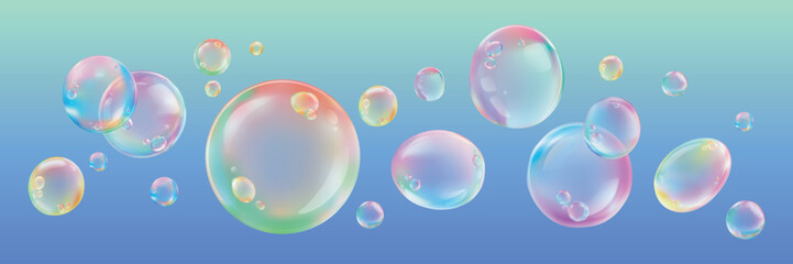 Colorful bubbles float against a gradient background. Bubbles display a rainbow sheen. The bubbles vary in size, creating a playful, whimsical scene. Soap bubble element vector set.