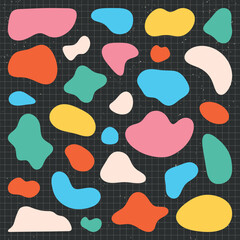 Colorful abstract shapes on black background. Bright, abstract, colorful forms. Shapes in pink, green, orange, blue. Abstract and colorful design elements. Colorful shapes, vector element set.