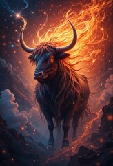 Fiery Bull Majestic Creature Flaming Mane Cosmic Background