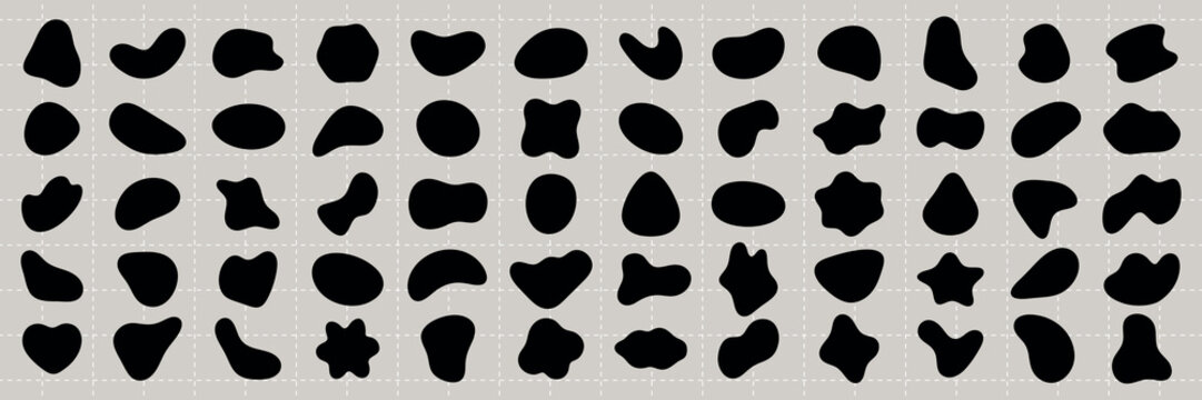 Abstract black shapes on a gray background. Various abstract forms, abstract patterns, and abstract silhouettes create a modern, artistic design. Black shape vector set.