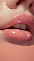 Glossy pink lips with soft shine and smooth texture
