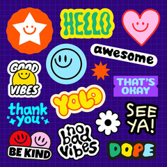 Colorful stickers with positive messages like 'hello', 'good vibes', 'YOLO', and 'be kind' Bright, cheerful designs spread positivity and good vibes Funky stickers, vector set