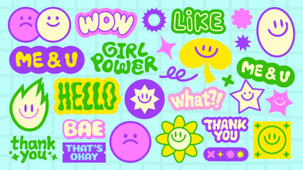 Colorful stickers with phrases like 'WOW', 'GIRL POWER', 'HELLO', and 'THANK YOU' Smiley faces and stars add fun to the vibrant design Bright and playful stickers Funky stickers, vector set