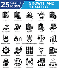Growth And Strategy Icon Set Collection. Containing Quality Control, Risk Assessment, Market Analysis, Compliance, Investment, Regulation, Report, Income, Profit. Simple Glyph Vector Illustration.