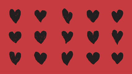 Pattern of black hearts on a red background. Hearts are arranged in rows. Black hearts create a striking contrast. Simple heart pattern design. Cute hand drawn Valentine's Day vector set.