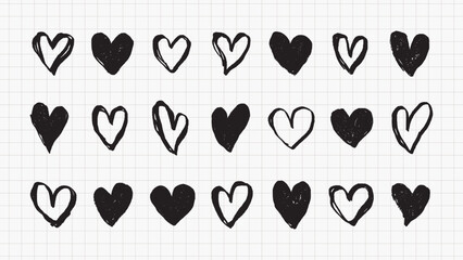 A grid of 18 black and white heart illustrations. Each heart is uniquely styled, showcasing a variety of hand-drawn heart designs. Simple, artistic hearts on a grid. Hand drawn Valentine's Day vector.