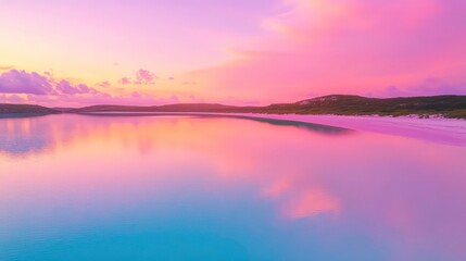 Fototapeta premium A pink and orange sunset reflected on a calm blue lagoon.