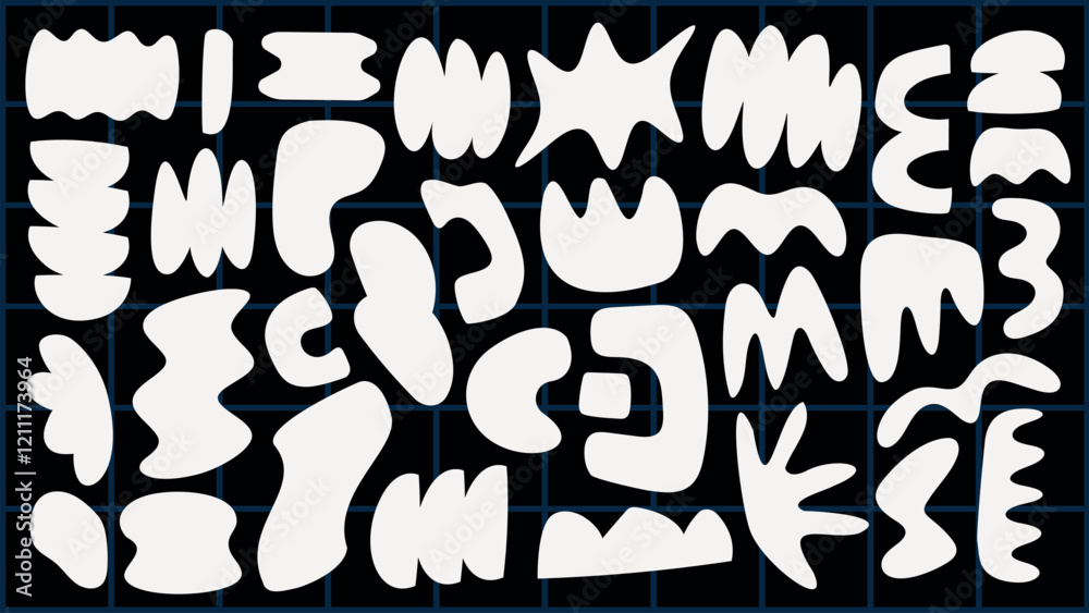 Poster abstract shapes in white on a dark grid background. curved and jagged forms create a dynamic pattern