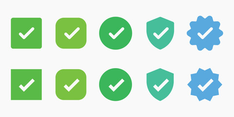 Set of checkmark icons in green and blue. Includes checkmarks in squares, circles, shields, and starburst shapes. Checkmarks symbolize approval and confirmation. Vector element set.