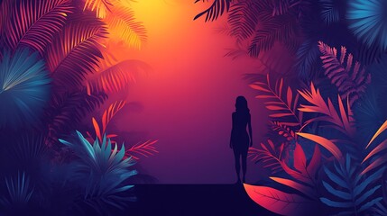 digital artwork featuring a vibrant, abstract style with a focus on bold colors and silhouettes with lush, oversized tropical leaves in shades of blue, pink, and orange, fantasy style background