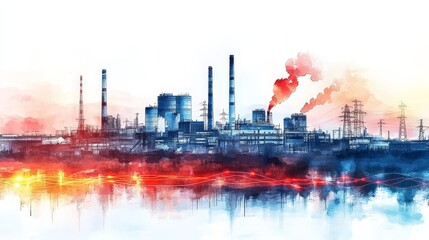 Fototapeta premium Industrial Power Plant: Watercolor Painting of Energy Production