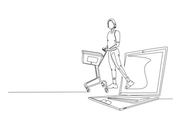 woman with shopping cart walk out from laptop in continuous one line drawing. Sale, digital lifestyle, E-commerce, digital marketing and online shopping concept.