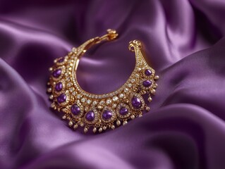 Fototapeta premium Gold necklace with purple gemstones on purple silk.