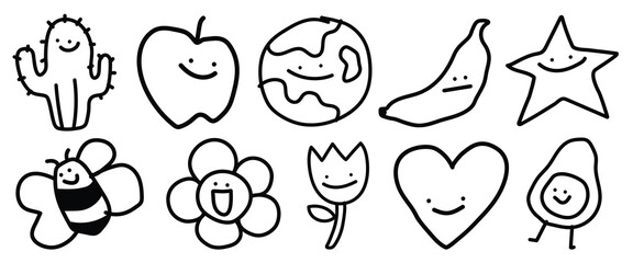 Naklejka premium Cute doodles of smiling objects: cactus, apple, globe, banana, star, bee, flower, tulip, heart, avocado. Playful, happy, and fun designs for all ages. Cute doodle icons vector set.
