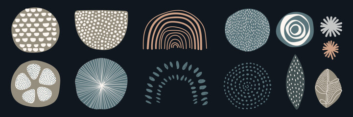 Abstract geometric shapes, circles, and patterns in earthy tones. Repeated shapes, repeated patterns, and geometric designs create a modern, abstract look. Memphis elements, vector set.