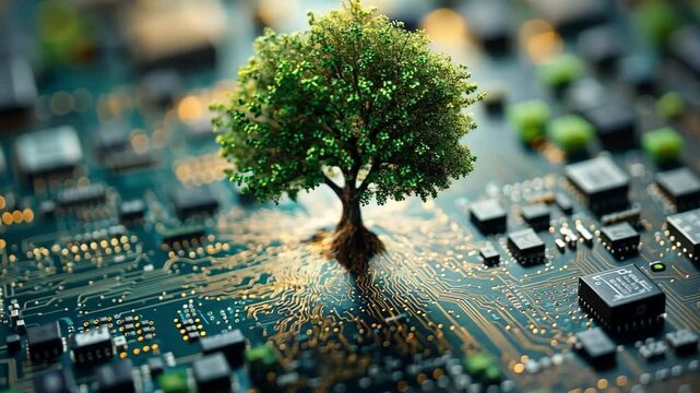 Green Tech Revolution: A vibrant green tree thrives amidst a complex circuit board, symbolizing sustainable technology and the harmonious blend of nature and innovation. 
