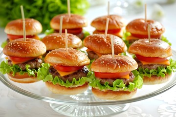 mini burgers on a glass plate, arranged in an elegant and visually appealing way.