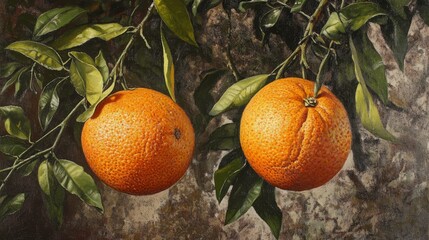 73.Two bountiful clusters of oranges suspended from slender branches, their textured skins bathed in natural light, framed by vibrant green foliage, evoking a sense of natural abundance.