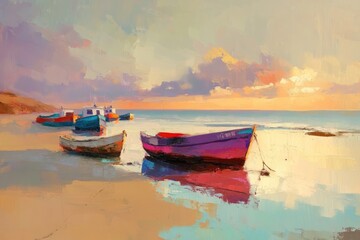 Obraz premium Colorful Boats at Sunset on a Sandy Beach
