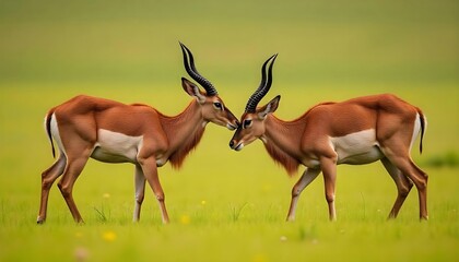 Two Impala Antelopes Touching Heads in Green Field