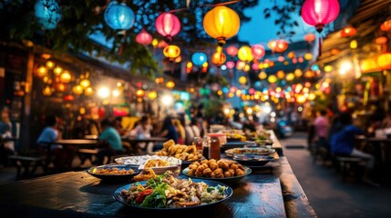 Fototapeta premium Nighttime Street Feast with Friends Enjoying Delicious Food and Festive Lights