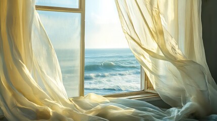 A sea breeze blowing through light, flowing curtains hanging over an open window.