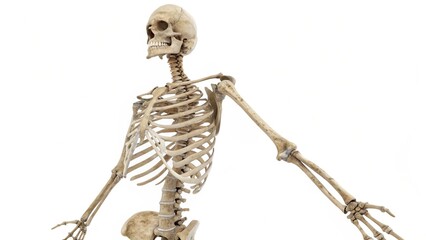 A detailed skeletal model stands with arms outstretched, showcasing the human anatomy and structure in a clear, educational manner.