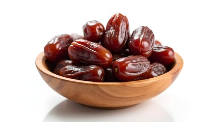 Glossy, ripe dates piled in a wooden bowl, highlighting their natural sweetness and rich texture, perfect for healthy snacking or traditional celebrations.