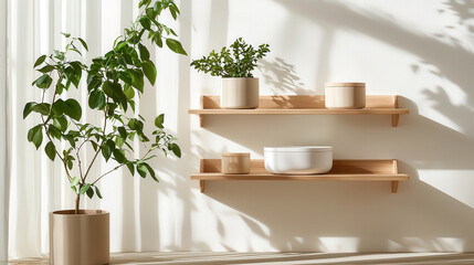Natural light illuminates wooden shelves with potted plants and ceramic bowls