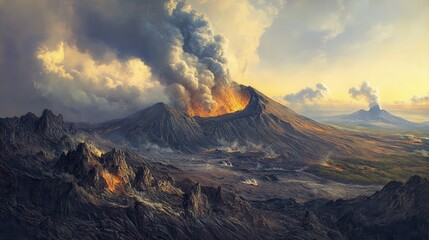 Fototapeta premium Misty Volcanic Landscape with Smoke Rising from Craters and Lush Forests