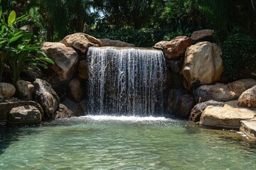 Natural Waterfall Cascading into Pristine Pool Surrounded by Rocks and Lush Greenery
