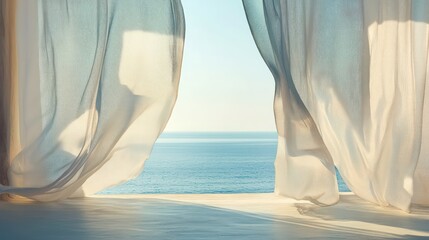 A sea breeze blowing through light, flowing curtains hanging over an open window. © sablengjago
