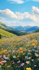 Obraz premium Wildflower Meadow on a Sunny Day with Rolling Hills and Blue Skies
