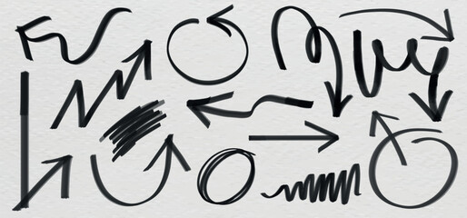 Black arrows in various directions on a white background. Arrows pointing up, down, left, right. Curved arrows, zigzag arrows, circular arrows. Sketchy arrow design. Hand drawn doodles set. Vectors.