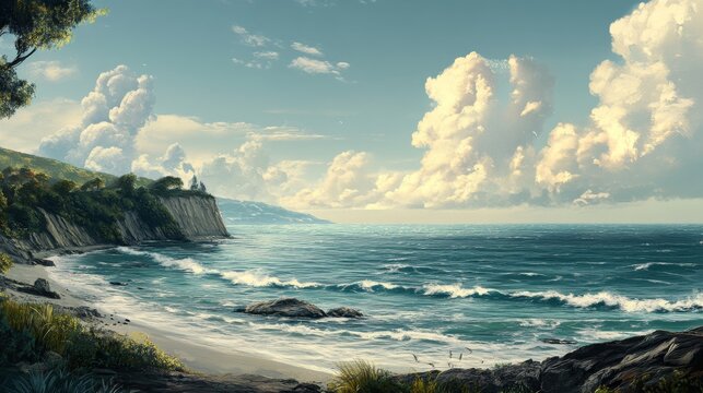 84.A peaceful ocean vista with soft waves rolling toward the shore under a sky streaked with clouds, the scene evoking calmness and the timeless beauty of coastal nature.