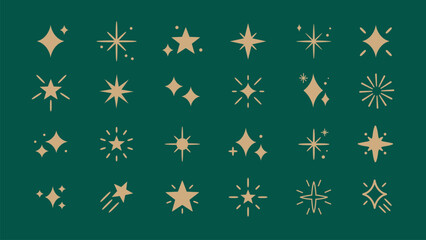 A collection of 24 golden star icons on a green background. Each star icon varies in shape and style, showcasing diverse star designs in a consistent gold color. Festive element set. Vectors.