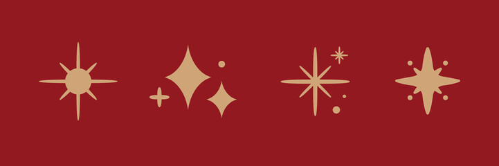 Gold star icons on a red background. Stars vary in shape and size. Decorative star design. Simple star pattern. Gold stars on red. Festive element set. Vectors.
