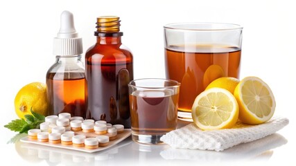 A collection of health remedies including herbal liquids, lemon slices, homeopathic pills, and a glass of herbal tea.