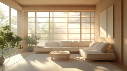 Fototapeta premium 58.A sophisticated living room setting with minimalist sofas in neutral colors, light wooden furniture, and a soft natural light-filled environment, perfect for a tranquil and stylish home.