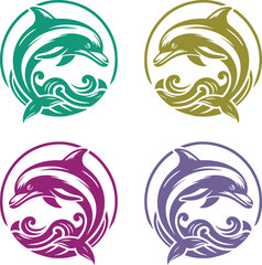 Dolphin Logos in Green, Yellow, Purple, and Blue with Tribal Wave Designs