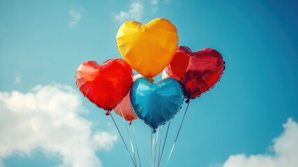 Fototapeta premium Colorful heart balloons float against a blue sky