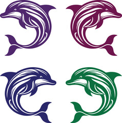 Dolphin Logos in Purple, Maroon, Blue, and Green with Striped Patterns