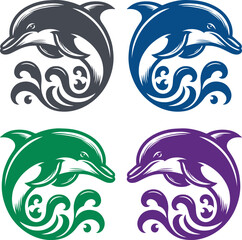 Retro Stylized Dolphin Leaping from Waves Representing Energy and Ocean Life