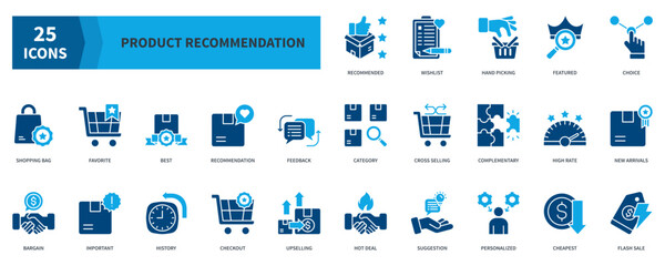 Product Recommendation  Icon Collection Set. Containing  recommended, featured, choice, favorite, best, recommendation, new arrivals, hot deal, flash sale Icon. Simple Flat Vector. Blue Color Style
