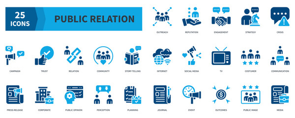 Public Relation  Icon Collection Set. Containing outreach, reputation, strategy, trust, relation, community, communication Icon. Simple Flat Vector. Blue Color Style