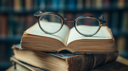 Stacked Books with Reading Glasses Symbolizing Wisdom,